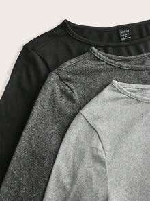 SHEIN EZwear Set de 3 camisetas de manga larga de cuello ancho y ajustadas de estilo casual para mujer, adecuadas para primavera y otoño