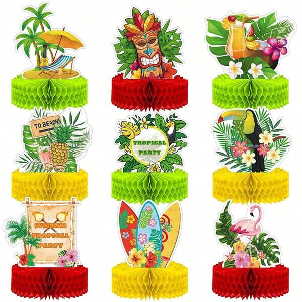Conjunto de 9 peças de centros de mesa havaianos em formato de favo de mel para festa luau, decoração de mesas, centros de mesa tropicais com abacaxi para festas, enfeites de bolo, 17,5 x 21,5 cm, presentes de aniversário e formatura.