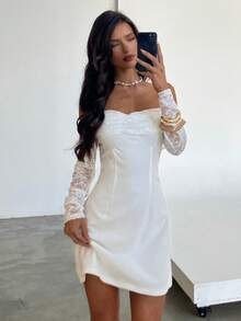 Aloruh Women's Elegant White Autumn Lace Patchwork Off-Shoulder Long Sleeve Mini Dress,Perfect For Birthday,Parties,Cocktail,Bridal Shower & Christmas Outfit - White - View 7