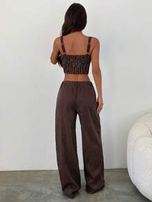 Aloruh 女士秋冬新款商务套装，棕色条纹吊带背心和棕色条纹西装裤两件套，适合通勤、办公室、正式场合 - 棕色 - 查看 3