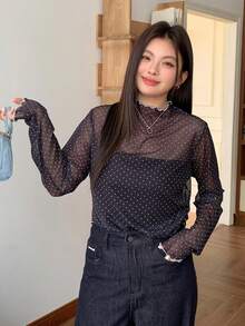 Dazy Plus 大码撞色拼接立领网纱波点透视衬衫T恤外出上衣女装 - 黑色 - 查看 1