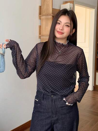 Dazy Plus 撞色拼布立领网眼圆点透视衬衫 T 恤