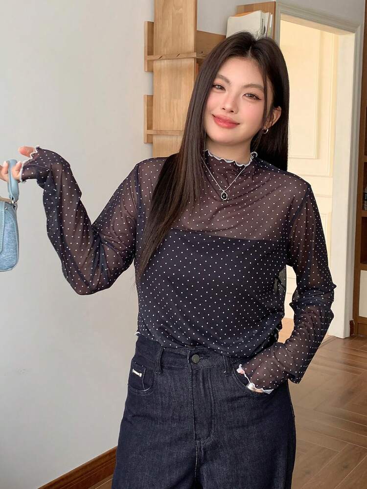 Dazy Plus Plus Size Contrast Color Patchwork Stand Collar Mesh Polka Dot Sheer Blouse T-Shirt Going Out Tops Women