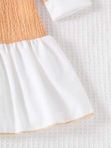 Young Girl' Black & White Color Block Pearl Button Patchwork White Hem Dress - Orange - View 4