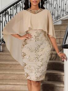 SHEIN Lady Beige,Summer,Elegant,Wedding Sequin Luxury Evening Maxi Dress 2-Piece Set For Women,Plus Size Embroidered Party Solid Color Cape & Christmas Clothes - Khaki - View 5