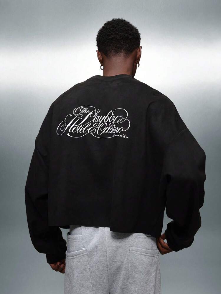PLAYBOY X SUMWON Oversized Crop Sweatshirt With Stylish Script Print Perfect For Casual Layering And Streetwear Fashion