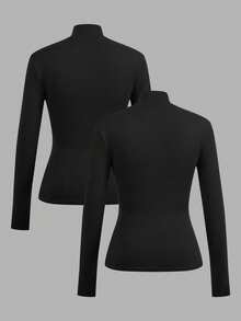 Tseoso 2pcs Women High Neck Tight Fit Long Sleeve Base Layer T-Shirt Set, Suitable For Autumn/Winter. Versatile For Daily Wear, 95% Cotton, Indoor And Outdoor, Vintage, Soft Girl, Outing Items, Home, Back To School, Fall Women Clothes, Versatile, Old Money, New Money, Gift For Mom, Family Gift, Christmas Gift - Black - View 2