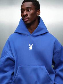 PLAYBOY X SUMWON Crop Fit Oversized Pullover Hoodie With Graphic Print And Centre Pocket - Blue - View 5