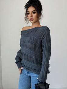 Rafferiza Women's Elegant Gray Autumn Chic Slouchy Slant Collar Asymmetrical Shoulder Knitted Batwing Sleeve Pullover Sweater, Night Out Casual Business Office Top - Navy Blue - View 3