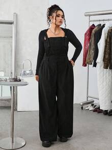 SHEIN EZwear Bộ đồ liền thân nhung kẻ trơn màu tối giản hàng ngày cỡ lớn - màu đen - Xem 2