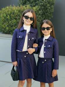 青少年女孩前扣长袖仿口袋简约衬衫和褶皱裙两件套 - 藏蓝色 - 查看 7
