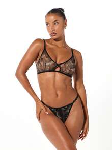 SUMWON WOMEN Camouflage Mesh Lace Bralette And Thong Set Intimates Lingerie