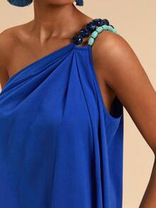 Travachic Đầm suông không tay rộng rãi màu trơn đính hạt thường ngày cho nữ - Màu xanh lam - Xem 1