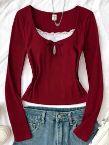 少女红色撞色蕾丝领修身针织长袖休闲百搭街头T恤 - 紅白色 - 查看 4