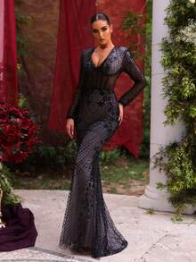 Glamrae 优雅迷人的黑色亮片刺绣 V 领宽肩长袖腰性感透明鱼尾下摆女式正式晚礼服 - 黑色 - 查看 5