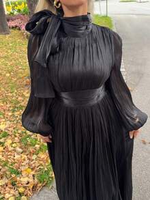 Jeta Ari Robe longue pour femmes avec plis à la taille, brillante et élégante, polyvalente pour le printemps et l'automne - Noir - Voir 3