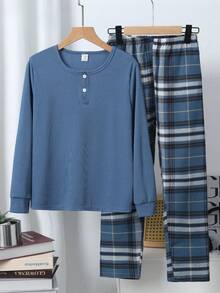 Tween Boy Brown Solid Comfortable Plaid 2 Pieces Pajama Set (Long Pants & Long Sleeve) Fall Winter Boys Lounge Set Plaid Pajama Set