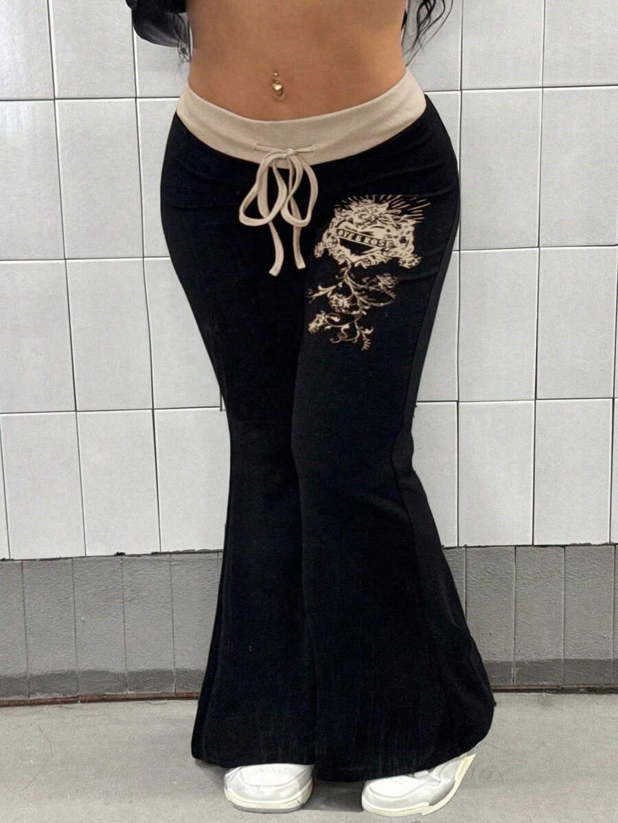 Maweii 大码女式街头风格撞色抽绳腰部前印花修身喇叭裤 - 黑色 - 查看 1
