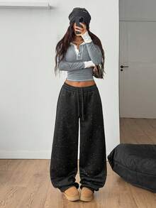 Coolane 女式秋冬复古演唱会狂欢节夜间外出闪亮亮片黑色直筒裤 - 黑色 - 查看 5