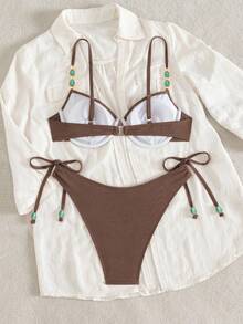 Swim Chiccia Conjunto de 2 peças com Sutiã de Aço de Cor Sólida e Calcinha Triângulo com Alça Fina e Decoração de Pérola