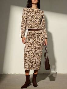 Aveloria Modichic Vintage Leopard Print Cardigan With Skirt 2 Pieces Knit Set - Multicolor - View 5