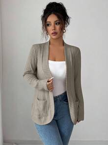 SHEIN PETITE 女式休闲罗纹羊毛开前侧口袋短款轻便夹克 - 灰色 - 查看 5