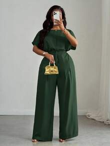 Slaydiva Nuevo llegado de primavera/verano, elegante y apropiado para ir a la oficina, fiestas, clubes y actividades al aire libre. Conjunto de 2 piezas para mujer talla grande con top corto holgado de hombros caídos y cordón ajustable, y pantalones de pierna ancha con bolsillos, en color verde. - Verde militar - Ver 5