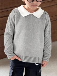SHEIN 男童卡其色纹理休闲舒适百搭撞色领厚毛衣，适合返校、秋冬季