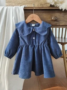 Vintaside Kids Vestito a maniche lunghe a forma di petalo con colletto a righe blu, stile fresco, dolce, elegante e generoso, adatto per uscite quotidiane, scuola, shopping, prime cerimonie di compleanno, tempo libero a casa, attività festive e partecipazione a matrimoni - Blu - Visualizzare 4