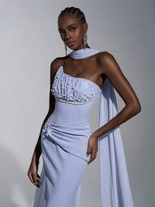 Elitara Elegant Greyish Blue Knitted Stretchy Rhinestone Embellished Sequin Trailing Formal Dinner Dress, Minimalist Wedding Event Birthday Party Gown - Dusty Blue - View 6