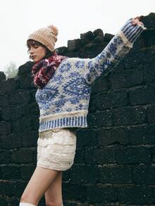 Bohemela Áo khoác ngoài Boho Thu/Đông, Áo len cổ cao dệt kim Fair Isle màu xanh và trắng cổ điển dành cho nữ, Phong cách đồng quê miền Tây, Thích hợp mặc đi nghỉ & mặc hàng ngày & trở lại trường, Halloween, Giáng sinh, Thu dành cho nữ - Xanh và trắng - Xem 5