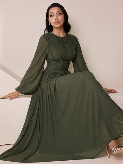 Veilorie Vestido elegante de mujer de unicolor con cintura ceñida, estilo árabe