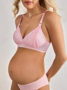 Moonlight&Mama Maternity Contrast Lace Wireless Nursing Bra Pink Bra Maternity Bra Breastfeeding Bra Bras Cute Push Up Lingerie - Pink - View 7