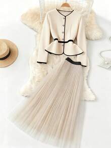 Franclia Bộ 2 món váy midi xếp ly lưới phối màu tương phản, thanh lịch, sang trọng, đa năng, đi làm hàng ngày, họa tiết chắp vá, eo thắt chặt, tay dài, có cạp chun, thu/đông - Màu be - Xem 3