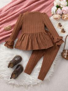 SHEIN Set de 2 piezas de top de manga larga y pantalones casuales de punto con decoración de lazo para bebé niña - Marrón - Ver 2