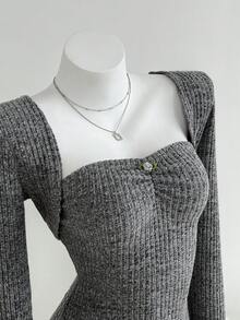 Elamini 2 件套女士秋冬时尚外套柔软拉绒罗纹面料长袖上衣和褶皱腰迷你连衣裙套装，适合外出和派对