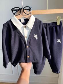 SHEIN 2 件套男婴可爱休闲拼色长袖运动衫和慢跑裤运动服套装，适合生日派对、狂欢派对、晚会、表演、婚礼、迎婴派对、1 岁生日庆祝、圣诞派对 - 彩色 - 查看 7
