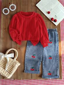 Young Girls T-Shirt Set, Knit Jacquard Top Paired With Straight Leg Jeans, Cherry Embroidery, Casual, Minimalist, Fashion Style, Suitable For Outings, Autumn/Winter Season - Red - View 7