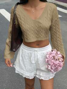 SHEIN Unity 女式性感V领长袖短款扭纹针织毛衣 - 卡其色 - 查看 7