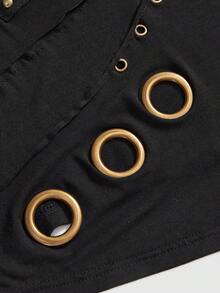 ROMWE Grunge Punk Áo thun tay dài ôm sát thiết kế cổ khoen kim loại Punk cổ điển xẻ tà sâu - màu đen - Xem 3