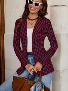 SHEIN Clasi 女款千鳥格收腰西裝外套 秋冬款 - 中紫紅色 - 查看 6