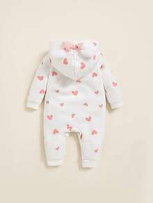 SHEIN Baby Girl 1pc Heart Print 3D Ear Detail Hooded Jumpsuit - Multicolor - View 13