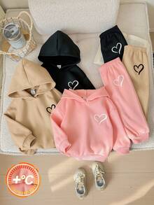 6pcs/Set Baby Girl Cute Solid Color Heart Pattern Hoodie Sweatshirt & Elastic Waist Pants, Autumn/Winter Fall - Multicolor - View 9