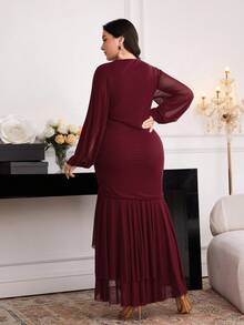 Modelyn Vestido elegante con cuello superpuesto, mangas farol y dobladillo con volantes, talla grande, otoño - Burdeos - Ver 2