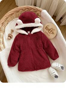 SHEIN 女婴可爱百搭粉色保暖连帽外套，秋冬款 - 紅色 - 查看 1