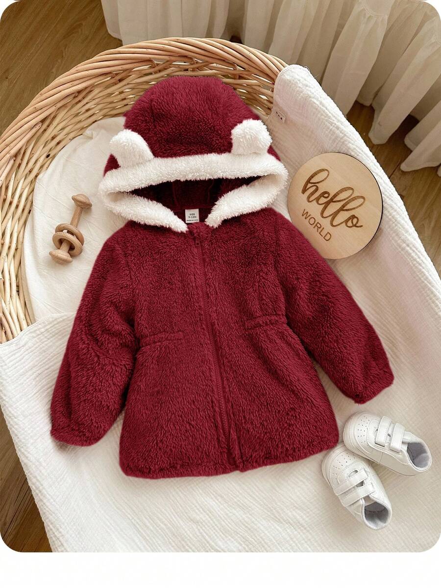 SHEIN 女婴可爱百搭粉色保暖连帽外套，秋冬款 - 紅色 - 查看 1