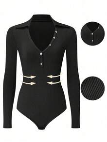 Calvaya 大码翻领前扣长袖修身黑色紧身衣，休闲日常穿着 - 黑色 - 查看 1