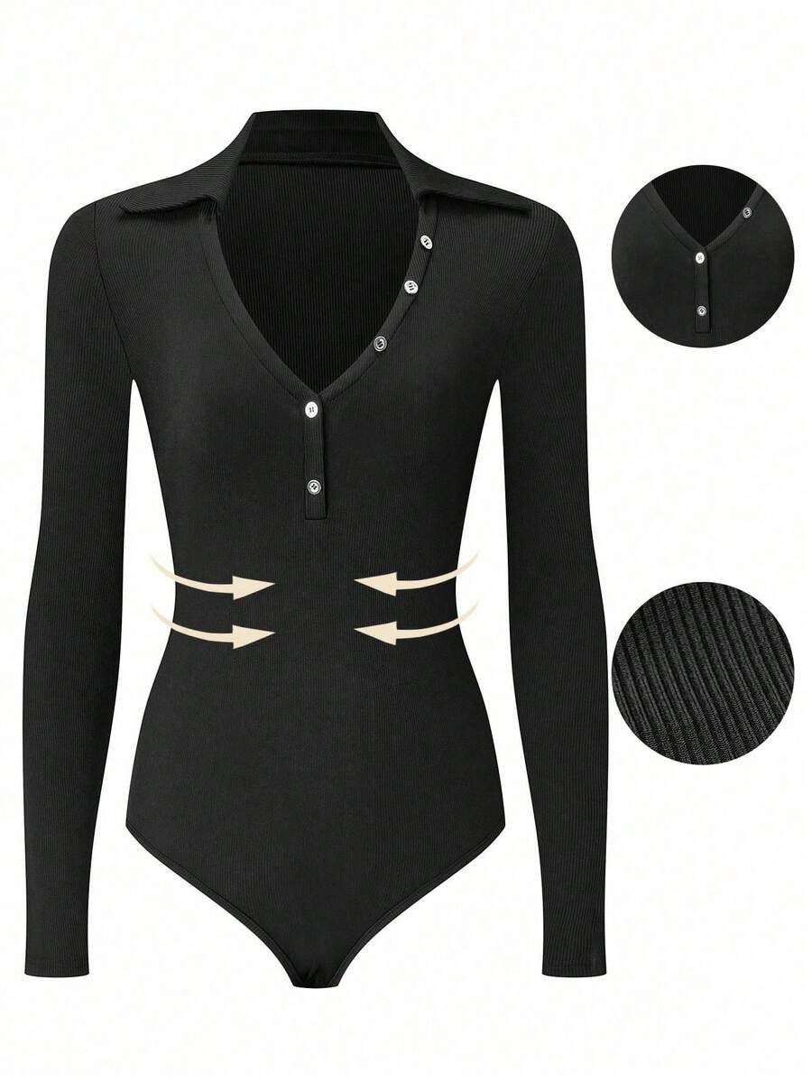 Calvaya 大码翻领前扣长袖修身黑色紧身衣，休闲日常穿着 - 黑色 - 查看 1