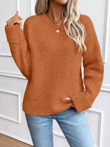 EMERY ROSE Women's Loose Fit Crew Neck Pullover Sweater With Ribbed Cuffs - Burnt Orange - View 4