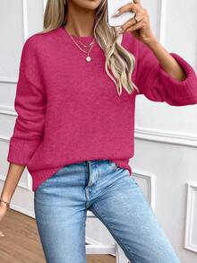 EMERY ROSE Women's Loose Fit Crew Neck Oversized Pullover Sweater With Ribbed Cuffs, Christmas - Hot Pink - View 3